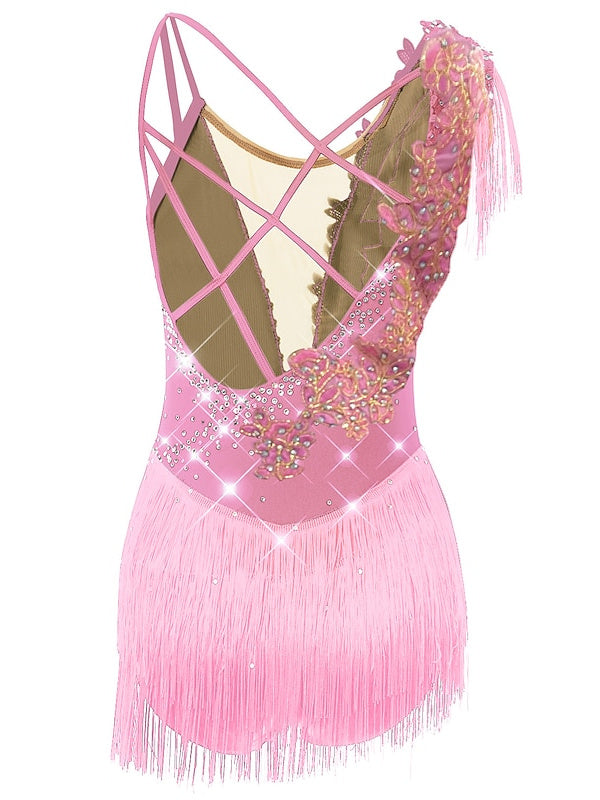 Robe de Patinage Artistique pour Femmes et Filles, Vêtements de Danse, Ourlet Asymétrique, Pompon, Maille, Élasthanne, Strass, Robe de Patinage Sur Glace