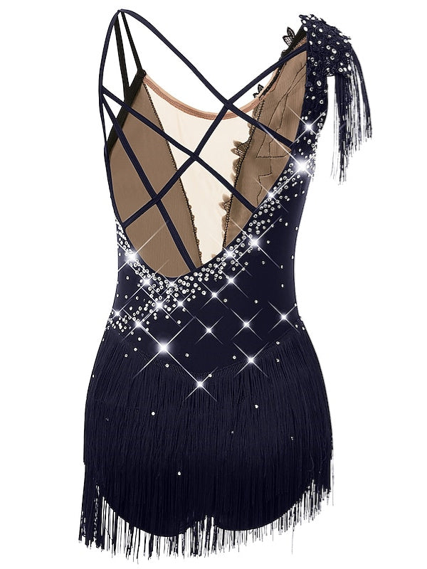 Robe de Patinage Artistique pour Femmes et Filles, Vêtements de Danse, Ourlet Asymétrique, Pompon, Maille, Élasthanne, Strass, Robe de Patinage Sur Glace