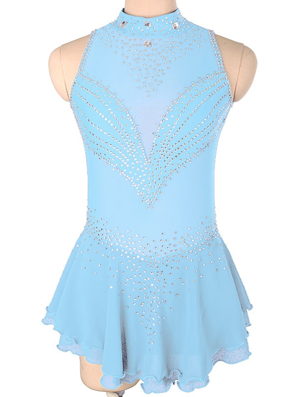 Robe de Patinage Artistique pour Femmes et Filles, Robe de Patinage Sur Glace Sans Manches en Élasthanne à Haute Élasticité avec Cristaux/Strass
