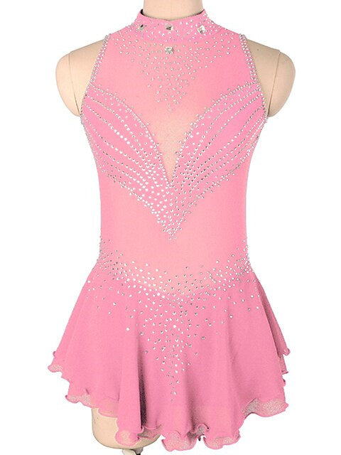 Robe de Patinage Artistique pour Femmes et Filles, Robe de Patinage Sur Glace Sans Manches en Élasthanne à Haute Élasticité avec Cristaux/Strass