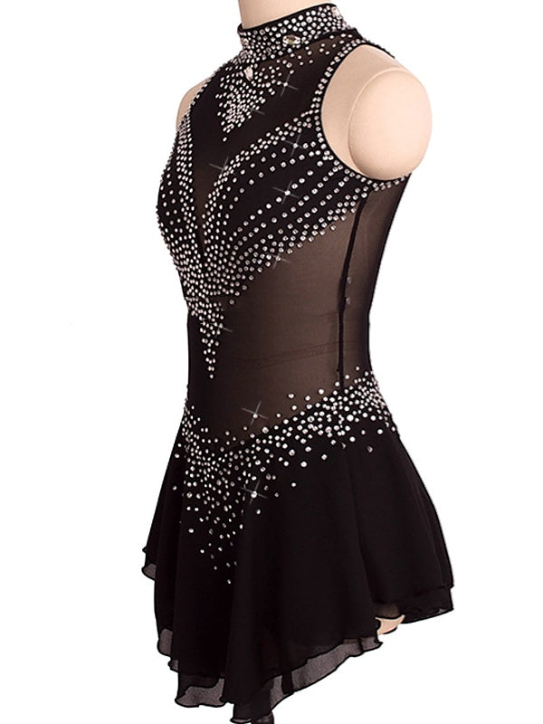 Robe de Patinage Artistique pour Femmes et Filles, Robe de Patinage Sur Glace Sans Manches en Élasthanne à Haute Élasticité avec Cristaux/Strass
