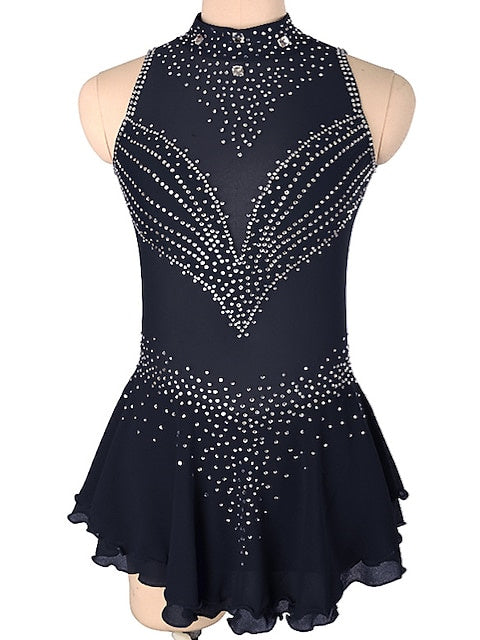 Robe de Patinage Artistique pour Femmes et Filles, Robe de Patinage Sur Glace Sans Manches en Élasthanne à Haute Élasticité avec Cristaux/Strass