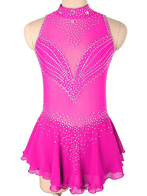 Robe de Patinage Artistique pour Femmes et Filles, Robe de Patinage Sur Glace Sans Manches en Élasthanne à Haute Élasticité avec Cristaux/Strass