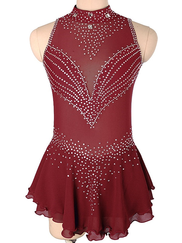 Robe de Patinage Artistique pour Femmes et Filles, Robe de Patinage Sur Glace Sans Manches en Élasthanne à Haute Élasticité avec Cristaux/Strass