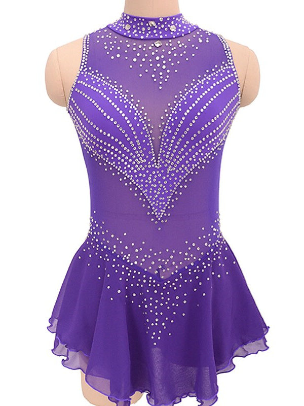 Robe de Patinage Artistique pour Femmes et Filles, Robe de Patinage Sur Glace Sans Manches en Élasthanne à Haute Élasticité avec Cristaux/Strass