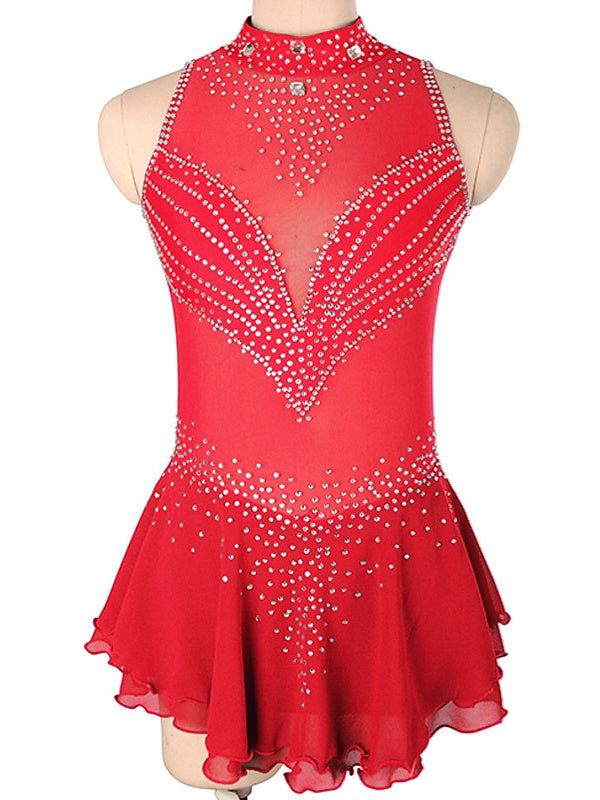 Robe de Patinage Artistique pour Femmes et Filles, Robe de Patinage Sur Glace Sans Manches en Élasthanne à Haute Élasticité avec Cristaux/Strass