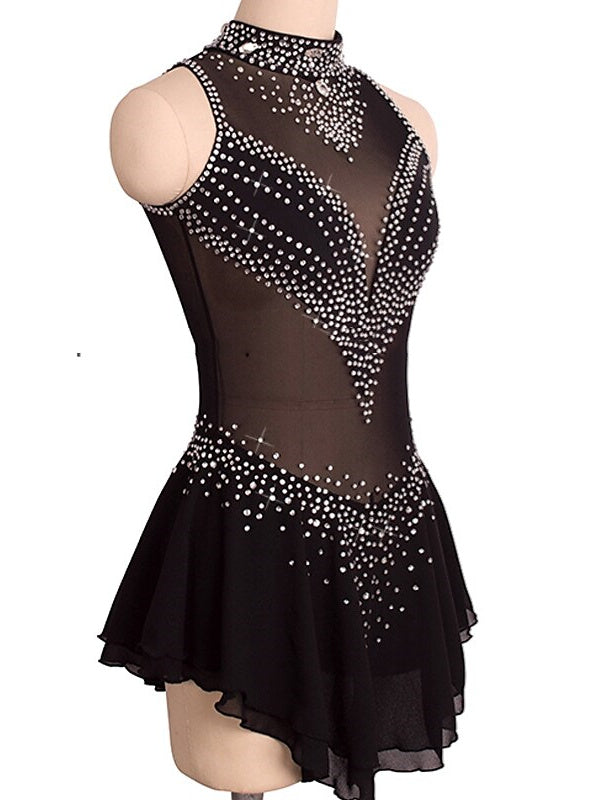 Robe de Patinage Artistique pour Femmes et Filles, Robe de Patinage Sur Glace Sans Manches en Élasthanne à Haute Élasticité avec Cristaux/Strass