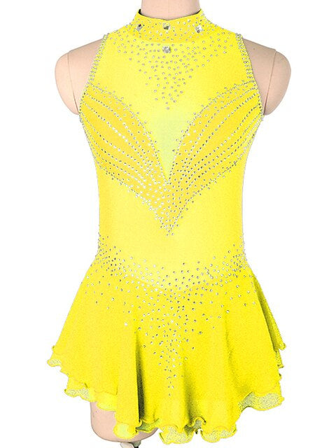 Robe de Patinage Artistique pour Femmes et Filles, Robe de Patinage Sur Glace Sans Manches en Élasthanne à Haute Élasticité avec Cristaux/Strass