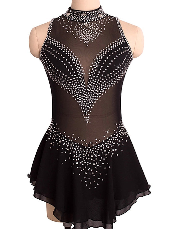 Robe de Patinage Artistique pour Femmes et Filles, Robe de Patinage Sur Glace Sans Manches en Élasthanne à Haute Élasticité avec Cristaux/Strass