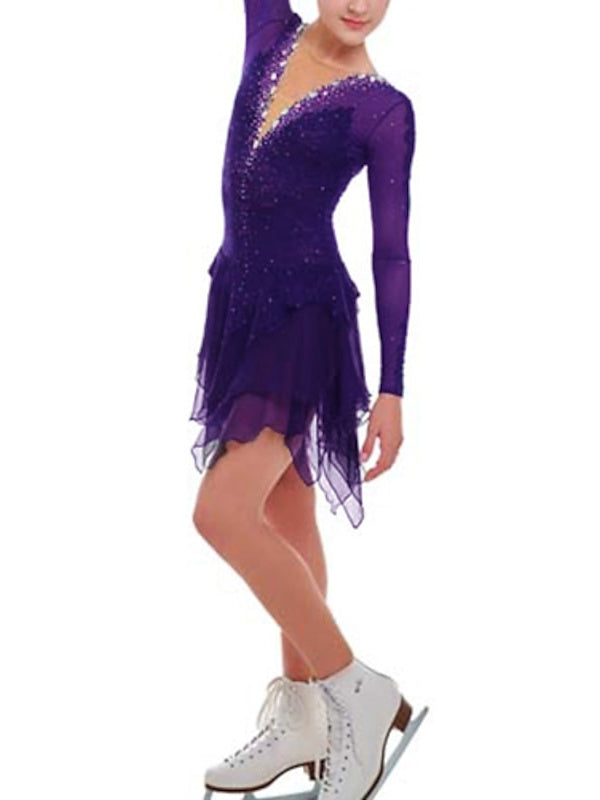 Robe de Patinage Artistique pour Femmes et Filles, en Maille de Glace, Élasthanne, Haute Élasticité, Cristal/Strass, Manches Longues, Robe de Patinage Sur Glace