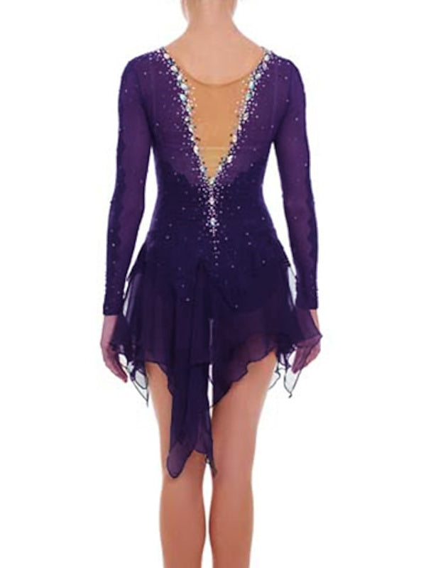 Robe de Patinage Artistique pour Femmes et Filles, en Maille de Glace, Élasthanne, Haute Élasticité, Cristal/Strass, Manches Longues, Robe de Patinage Sur Glace