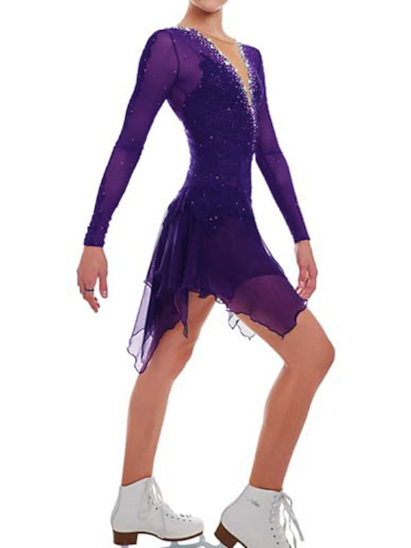 Robe de Patinage Artistique pour Femmes et Filles, en Maille de Glace, Élasthanne, Haute Élasticité, Cristal/Strass, Manches Longues, Robe de Patinage Sur Glace