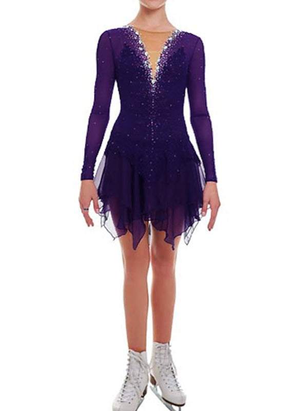 Robe de Patinage Artistique pour Femmes et Filles, en Maille de Glace, Élasthanne, Haute Élasticité, Cristal/Strass, Manches Longues, Robe de Patinage Sur Glace