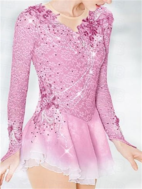 Robe de Patinage Artistique pour Femmes et Filles, Patchwork de Glace, Maille, Élasthanne, Dentelle, Haute Élasticité, Manches Longues, Robe de Patinage Sur Glace
