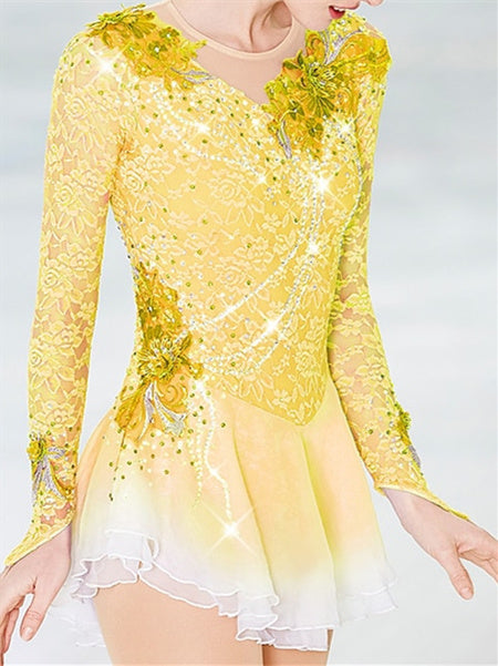Robe de Patinage Artistique pour Femmes et Filles, Patchwork de Glace, Maille, Élasthanne, Dentelle, Haute Élasticité, Manches Longues, Robe de Patinage Sur Glace