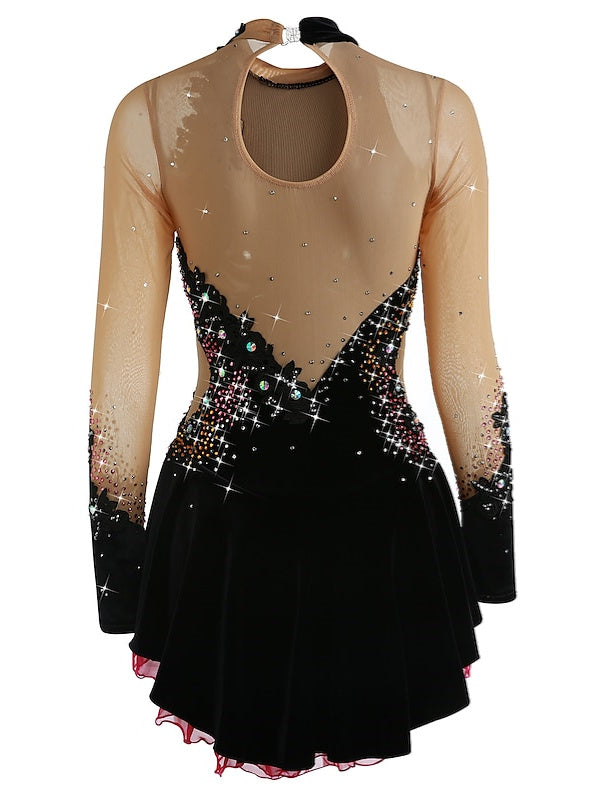 Robe de Patinage Artistique pour Femmes et Filles, Vêtements de Danse Sur Glace, Maille, Élasthanne, Velours, Haute Élasticité, Strass, Robe de Patinage Sur Glace