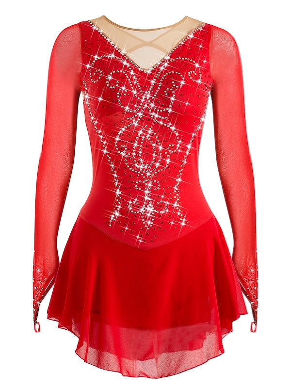 Robe de Patinage Artistique pour Femmes et Filles, en Maille de Glace, Élasthanne, Haute Élasticité, Strass, Manches Longues, Robe de Patinage Sur Glace
