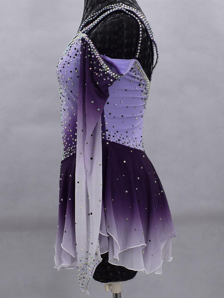 Robe de Patinage Artistique pour Femmes et Filles, Vêtements de Danse Sur Glace, Maille Élasthanne, Haute Élasticité, Dégradé de Couleurs, Cristal/Strass