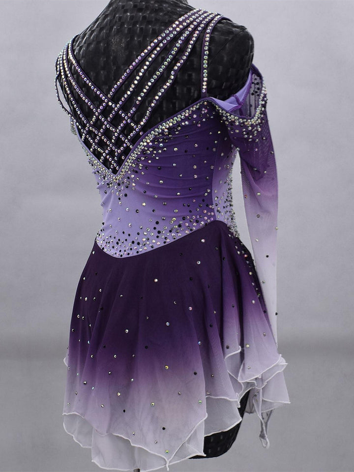 Robe de Patinage Artistique pour Femmes et Filles, Vêtements de Danse Sur Glace, Maille Élasthanne, Haute Élasticité, Dégradé de Couleurs, Cristal/Strass