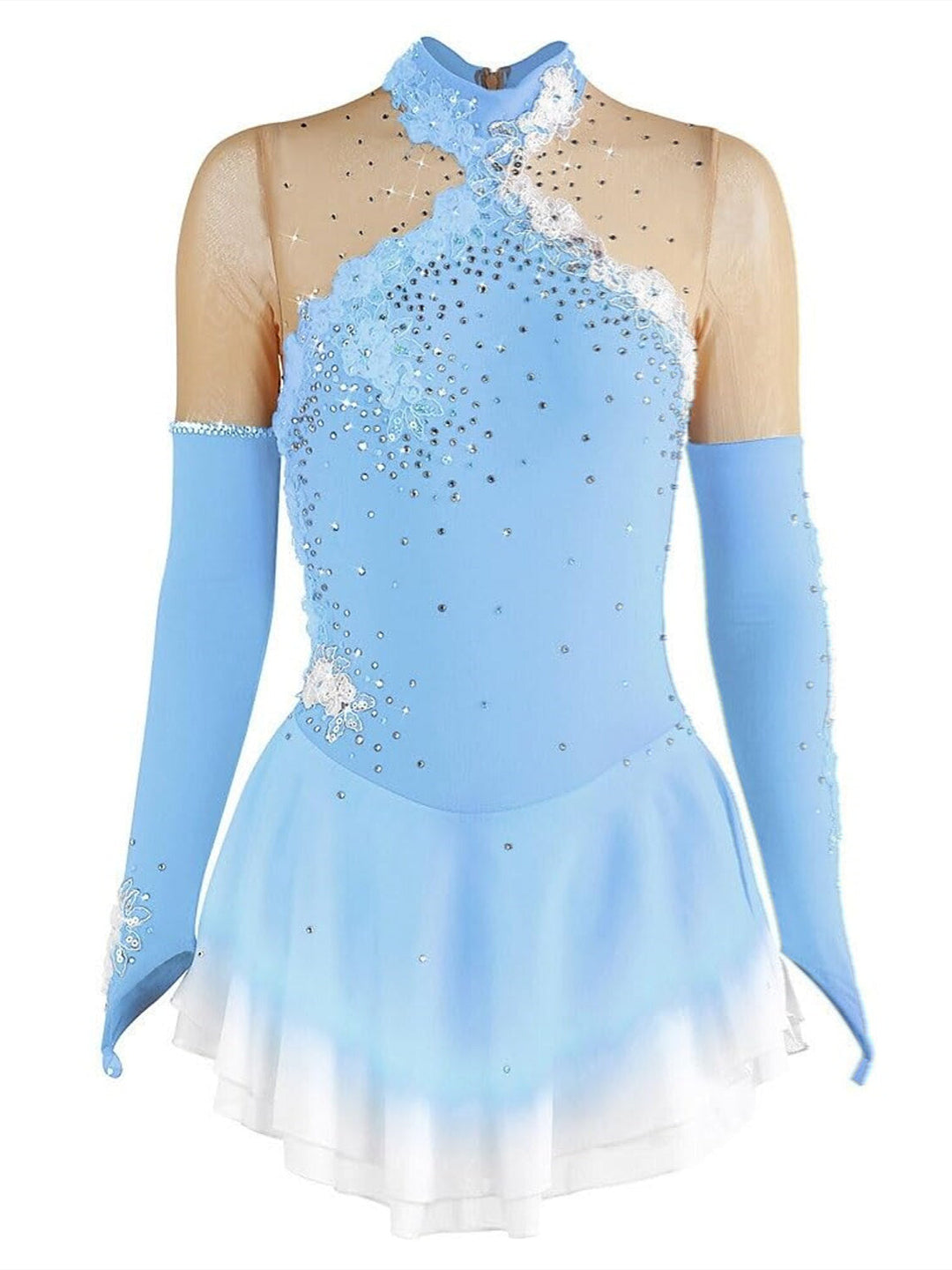 Robe de Patinage Artistique pour Femmes et Filles, Vêtements de Danse Sur Glace, Robe de Patinage Sur Glace Extensible à Manches Longues avec Cristaux/Strass