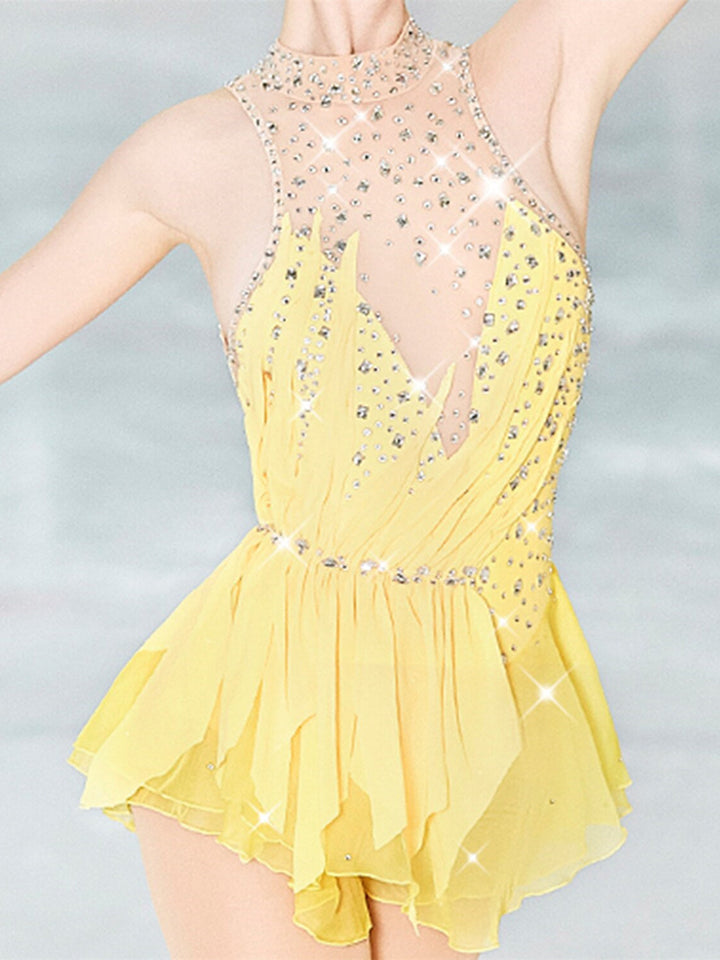Robe de Patinage Artistique pour Femmes et Filles, Vêtements de Danse, Dos Ouvert, Maille, Élasthanne, Haute Élasticité, Cristal/Strass, Sans Manches
