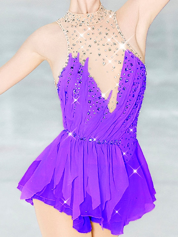Robe de Patinage Artistique pour Femmes et Filles, Vêtements de Danse, Dos Ouvert, Maille, Élasthanne, Haute Élasticité, Cristal/Strass, Sans Manches