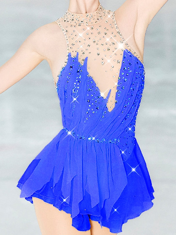 Robe de Patinage Artistique pour Femmes et Filles, Vêtements de Danse, Dos Ouvert, Maille, Élasthanne, Haute Élasticité, Cristal/Strass, Sans Manches