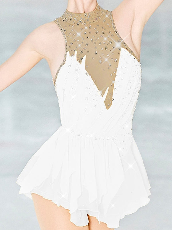 Robe de Patinage Artistique pour Femmes et Filles, Vêtements de Danse, Dos Ouvert, Maille, Élasthanne, Haute Élasticité, Cristal/Strass, Sans Manches