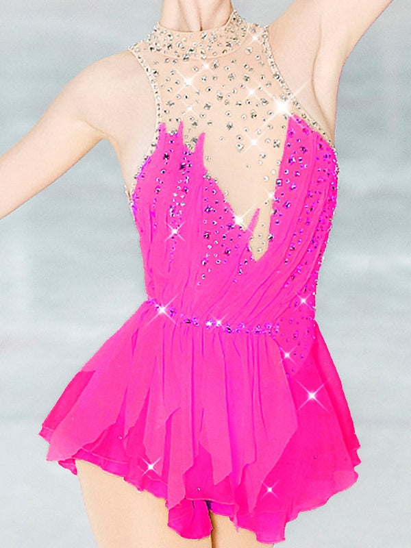 Robe de Patinage Artistique pour Femmes et Filles, Vêtements de Danse, Dos Ouvert, Maille, Élasthanne, Haute Élasticité, Cristal/Strass, Sans Manches