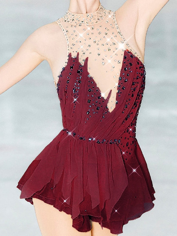 Robe de Patinage Artistique pour Femmes et Filles, Vêtements de Danse, Dos Ouvert, Maille, Élasthanne, Haute Élasticité, Cristal/Strass, Sans Manches