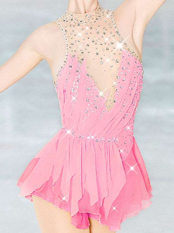 Robe de Patinage Artistique pour Femmes et Filles, Vêtements de Danse, Dos Ouvert, Maille, Élasthanne, Haute Élasticité, Cristal/Strass, Sans Manches