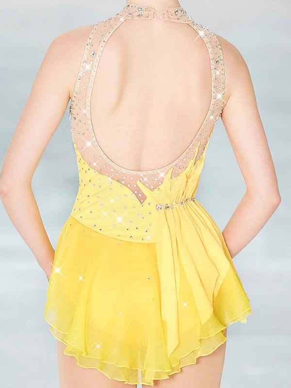 Robe de Patinage Artistique pour Femmes et Filles, Vêtements de Danse, Dos Ouvert, Maille, Élasthanne, Haute Élasticité, Cristal/Strass, Sans Manches