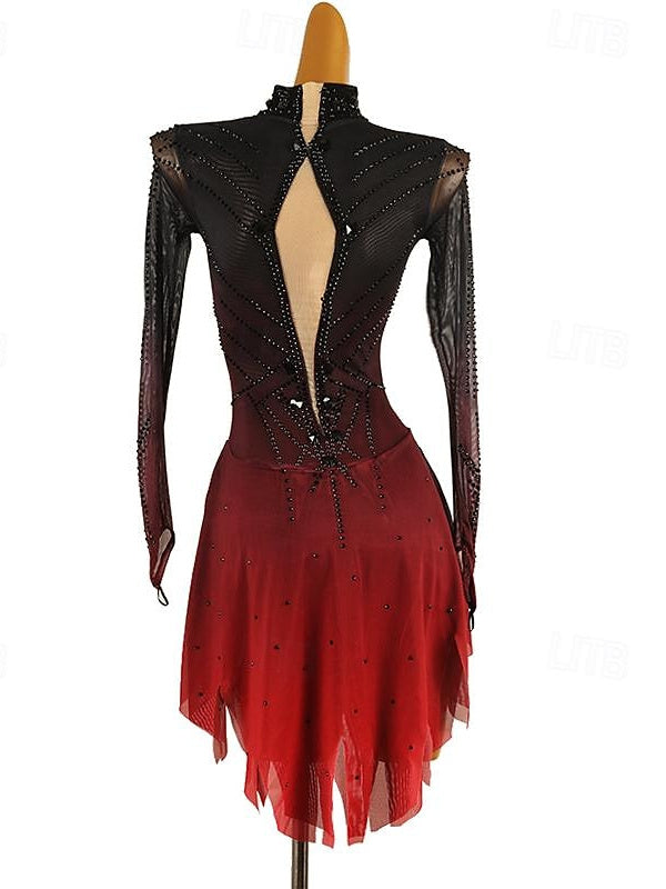Robe de Patinage Artistique pour Femmes et Filles, Vêtements de Danse, Patchwork, Teinture Halo, Maille, Élasthanne, Haute Élasticité, Classique, Cristal/Strass, Robe de Patinage Sur Glace
