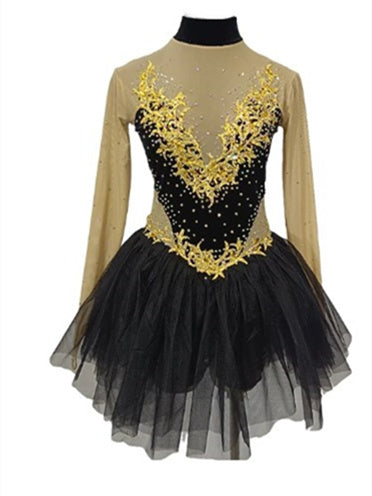 Robe de Patinage Artistique pour Femmes et Filles, Ourlet Asymétrique, Maille Élasthanne, Extensible, Cristal/Strass, Manches Longues, Robe de Patinage Sur Glace