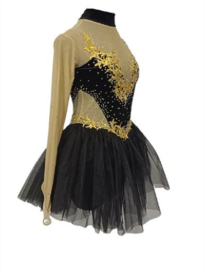 Robe de Patinage Artistique pour Femmes et Filles, Ourlet Asymétrique, Maille Élasthanne, Extensible, Cristal/Strass, Manches Longues, Robe de Patinage Sur Glace