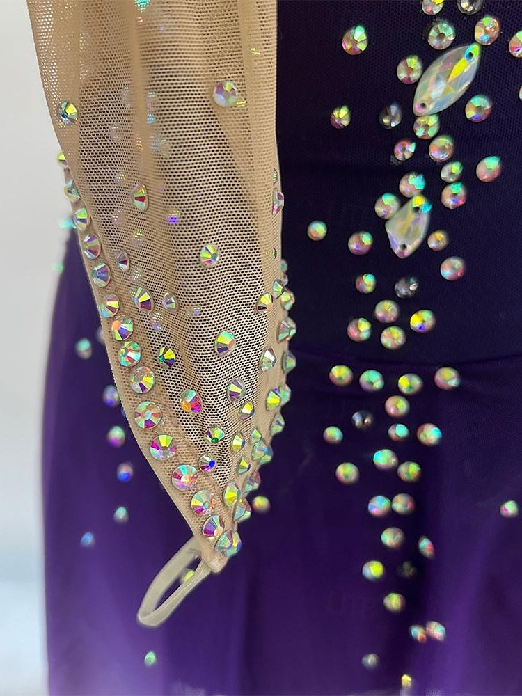 Robe de Patinage Artistique pour Femmes et Filles, Vêtements de Danse, Teinture Halo, Haute Élasticité, Cristal/Strass, Manches Longues, Robe de Patinage Sur Glace