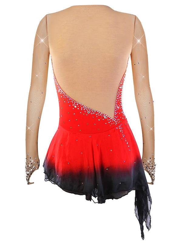 Robe de Patinage Artistique pour Femmes et Filles, Vêtements de Danse, Ourlet Asymétrique, Strass, Maille, Élasthanne, Manches Longues, Robe de Patinage Sur Glace