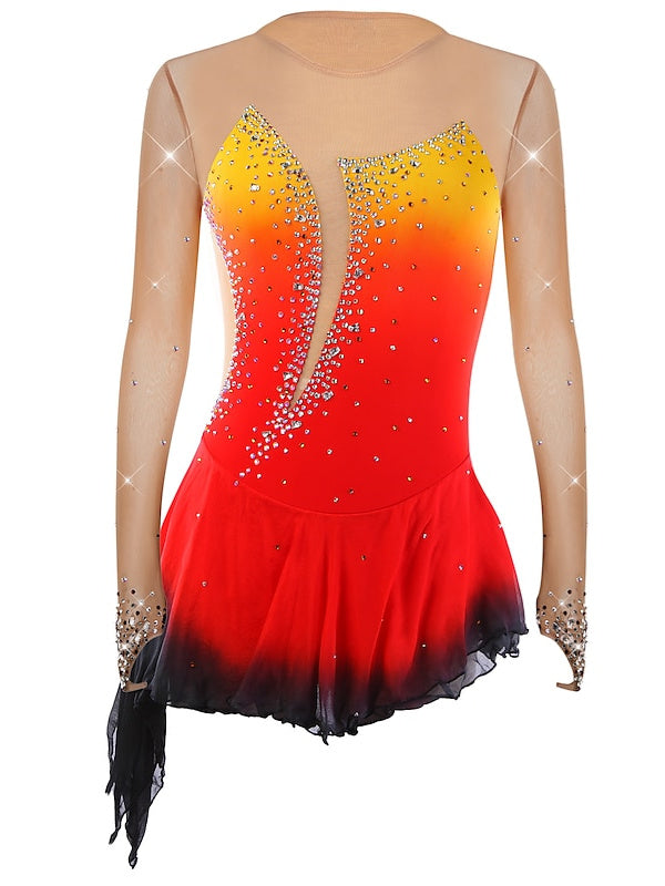 Robe de Patinage Artistique pour Femmes et Filles, Vêtements de Danse, Ourlet Asymétrique, Strass, Maille, Élasthanne, Manches Longues, Robe de Patinage Sur Glace