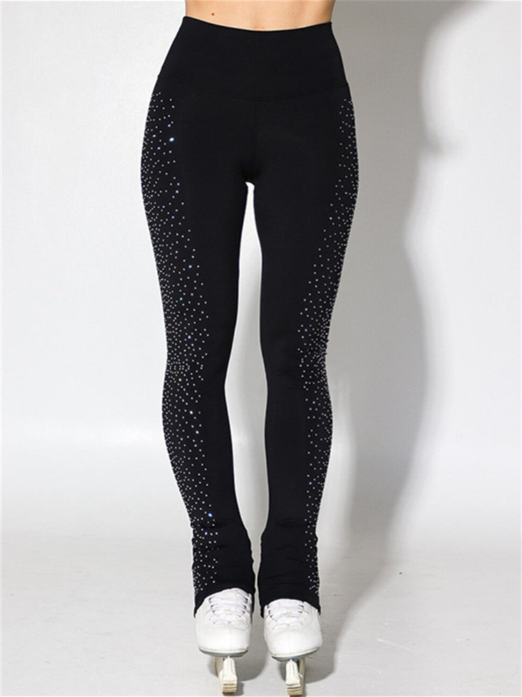 Pantalons de Patinage Artistique pour Femmes et Filles, Vêtements de Danse Sur Glace, Bas de Patinage Sur Glace Extensibles avec Cristaux/Strass