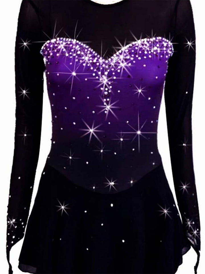 Robe de Patinage Artistique à Manches Longues pour Femmes et Filles, Robe de Patinage Sur Glace avec Cristaux/Strass