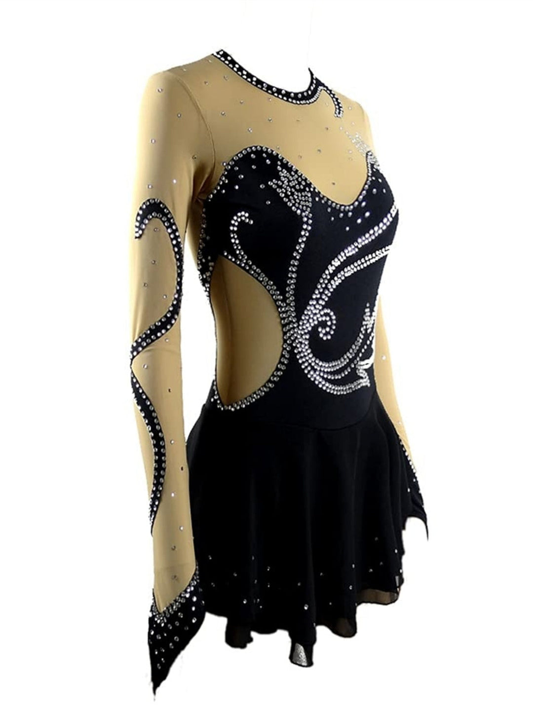 Robe de Patinage Artistique à Manches Longues pour Femmes et Filles, Robe de Patinage Sur Glace avec Cristaux/Strass