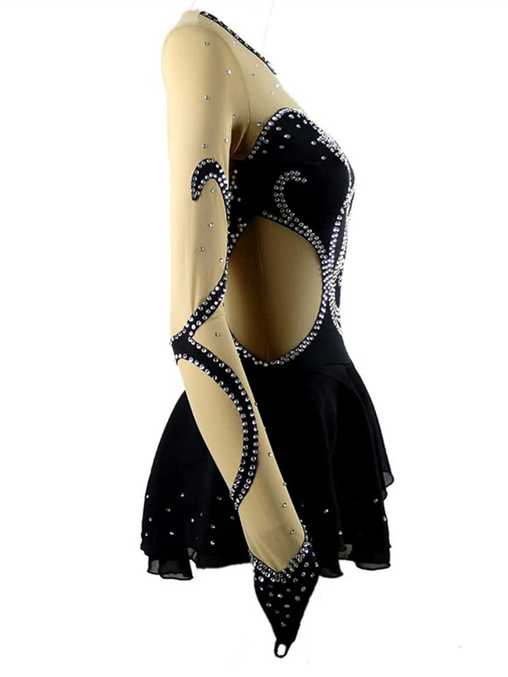 Robe de Patinage Artistique à Manches Longues pour Femmes et Filles, Robe de Patinage Sur Glace avec Cristaux/Strass