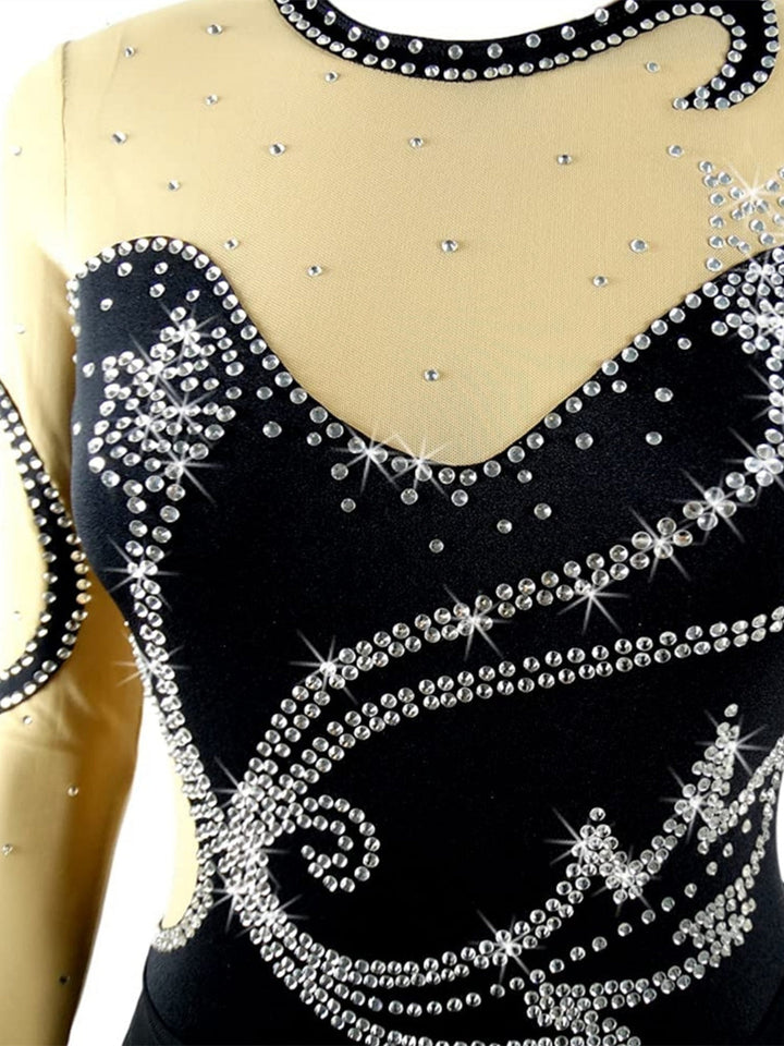 Robe de Patinage Artistique à Manches Longues pour Femmes et Filles, Robe de Patinage Sur Glace avec Cristaux/Strass