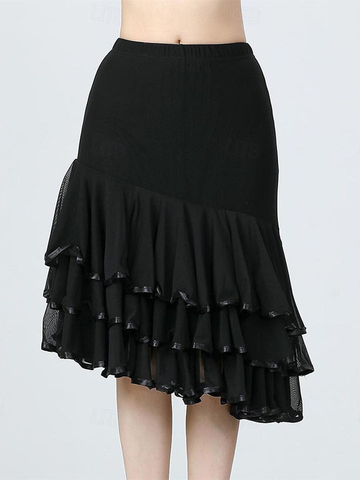 Jupes de Danse de Salon de Danse Latine en Tulle Polyester à Volants Épissage de Couleur Pure Entraînement de Performance pour Femmes