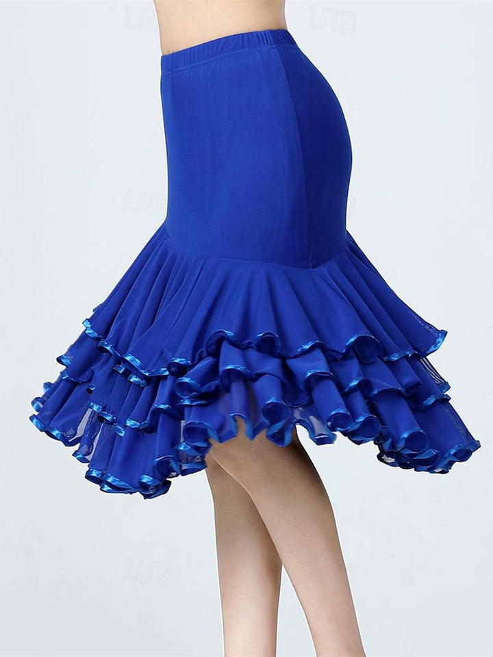 Jupes de Danse de Salon de Danse Latine en Tulle Polyester à Volants Épissage de Couleur Pure Entraînement de Performance pour Femmes