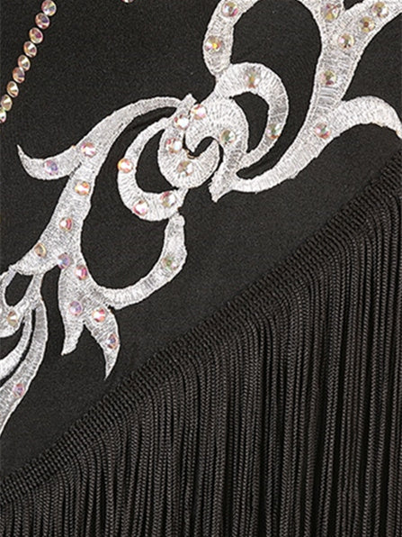 Robe de Danse de Salon à Pampilles et Cristaux/Strass pour Femme, Manches Longues, Haut en Chinlon, Organza, Tulle