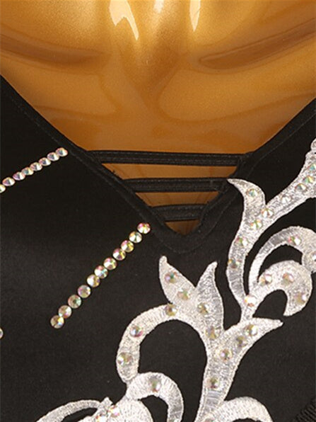 Robe de Danse de Salon à Pampilles et Cristaux/Strass pour Femme, Manches Longues, Haut en Chinlon, Organza, Tulle