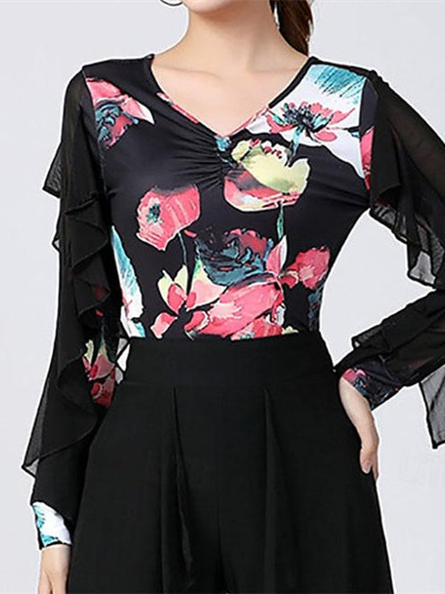Danse Latine pour Femmes, Danse de Salon, Manches Longues, Polyester Haut, Tulle Épissé, Performance pour Femmes