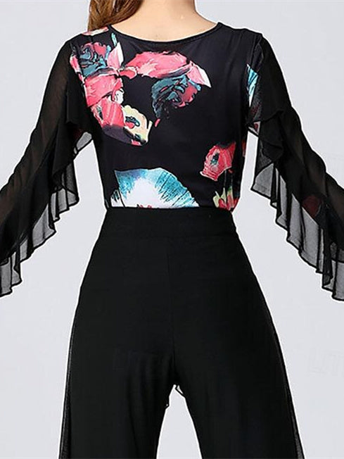 Danse Latine pour Femmes, Danse de Salon, Manches Longues, Polyester Haut, Tulle Épissé, Performance pour Femmes