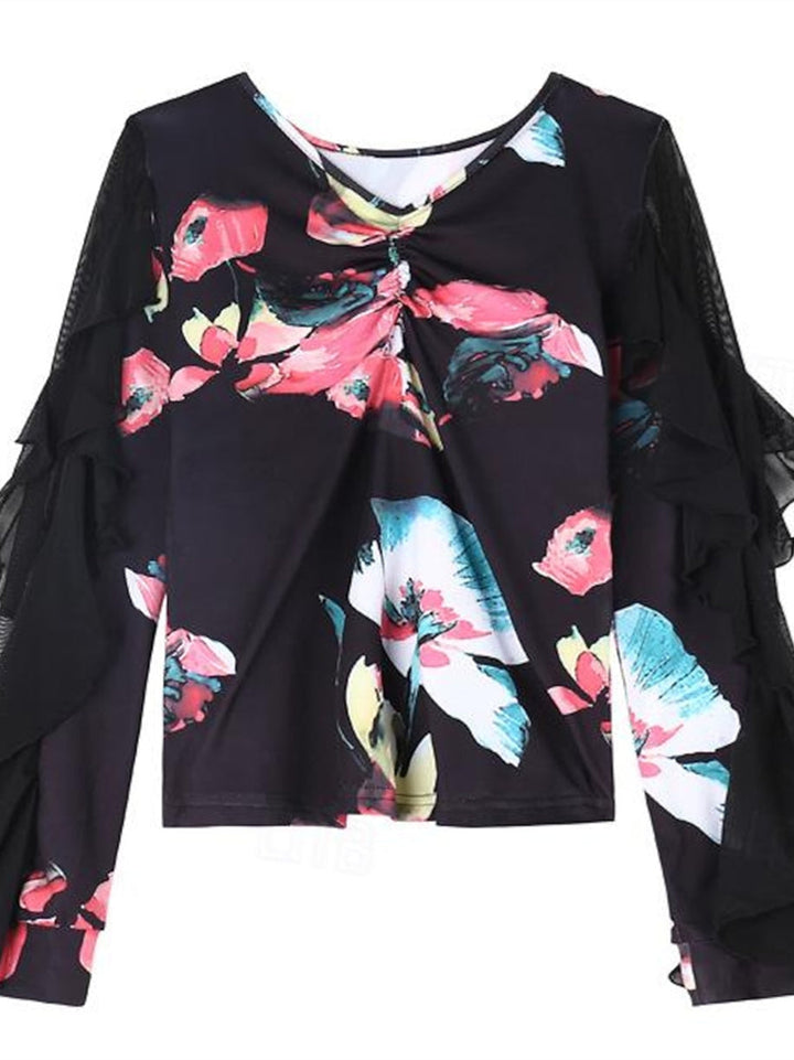 Danse Latine pour Femmes, Danse de Salon, Manches Longues, Polyester Haut, Tulle Épissé, Performance pour Femmes